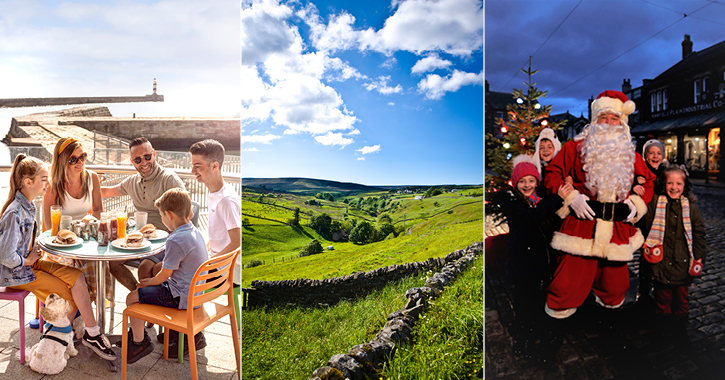 left to right - family eating at Seaham Marina, durham dales landscape and Father Christmas with children at Beamish Museum